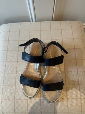 Ron White Navy and Silver Leather Two-Strap Sandals